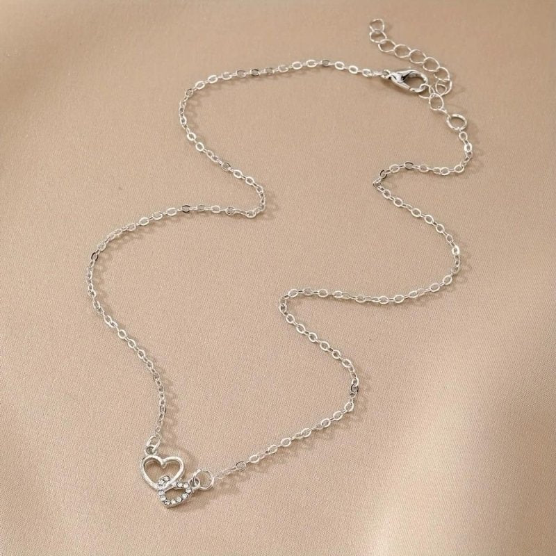 Dual Heart Pendant with Chain | Silver - Plated Romantic Necklace - Nyara