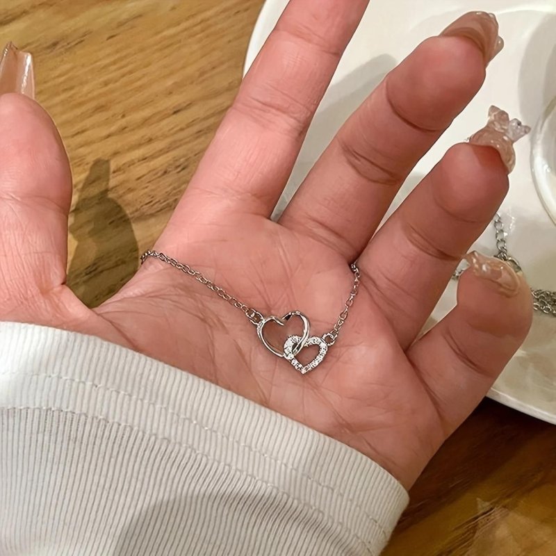 Dual Heart Pendant with Chain | Silver - Plated Romantic Necklace - Nyara