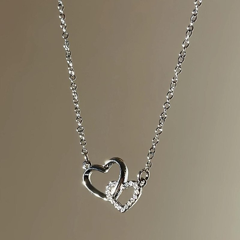 Dual Heart Pendant with Chain | Silver - Plated Romantic Necklace - Nyara