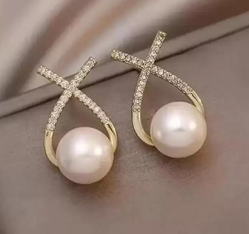 Korean Studded Cross Pearl Stud Earrings | Gold - Plated Fashion Studs - Nyara