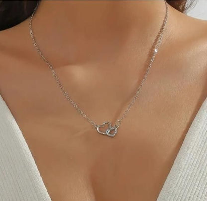 Dual Heart Pendant with Chain | Silver - Plated Romantic Necklace - Nyara
