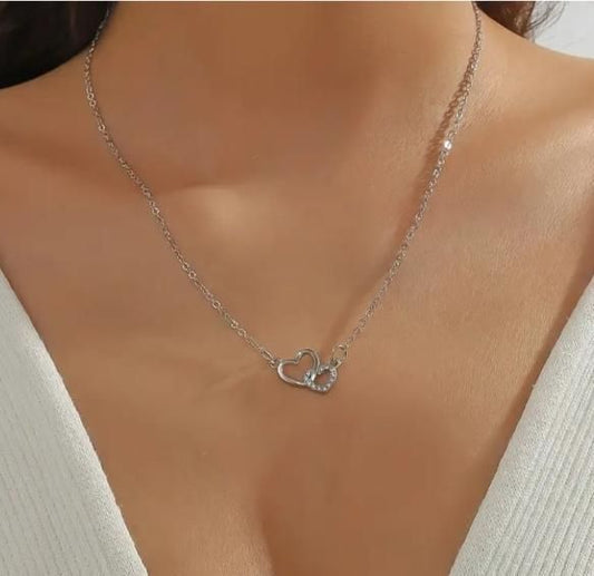 Dual Heart Pendant with Chain | Silver - Plated Romantic Necklace - Nyara