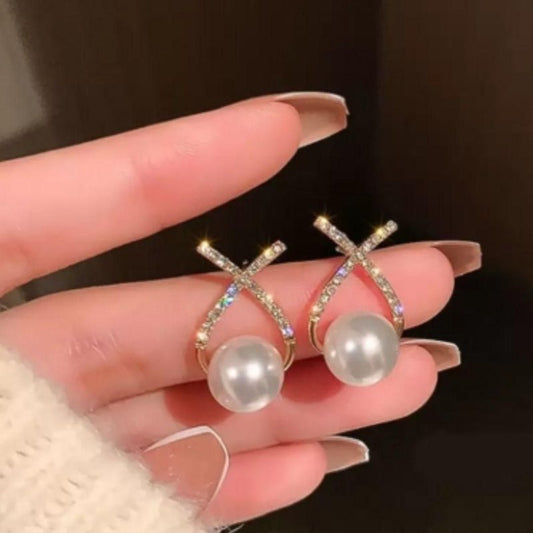 Korean Studded Cross Pearl Stud Earrings | Gold - Plated Fashion Studs - Nyara